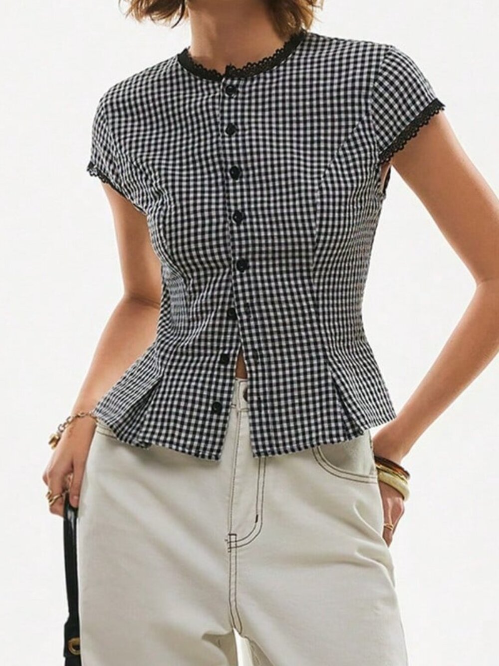 Black and White Casual Women's Gingham Lace Trim Peplum Button-Down Shirt - Picture 5 of 7